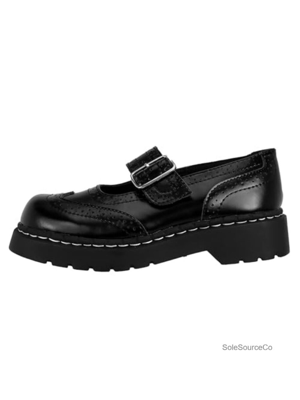 Brogue Mary Jane Flat Leather Wingtip Buckle Strap Cushioned Insole